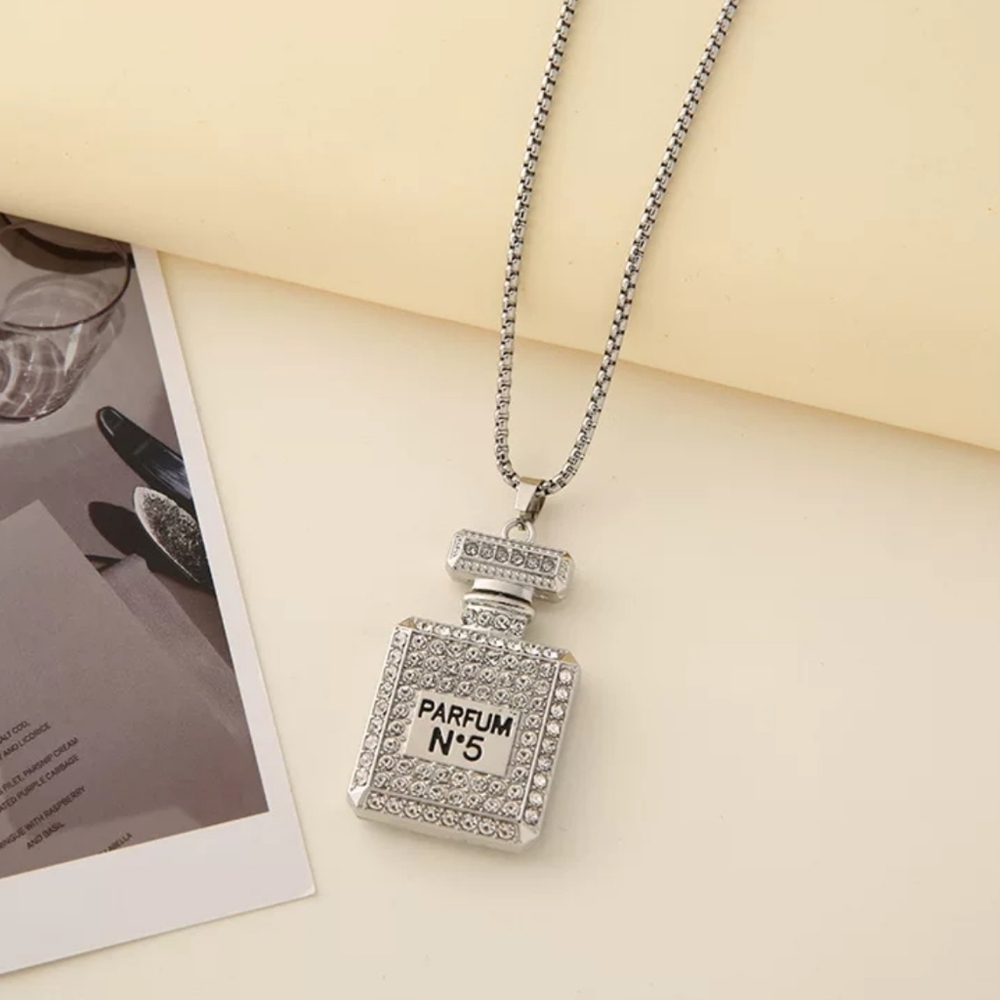 Silver Crystal Parfum Bottle Pendant Necklace - Elegant Silver Tone